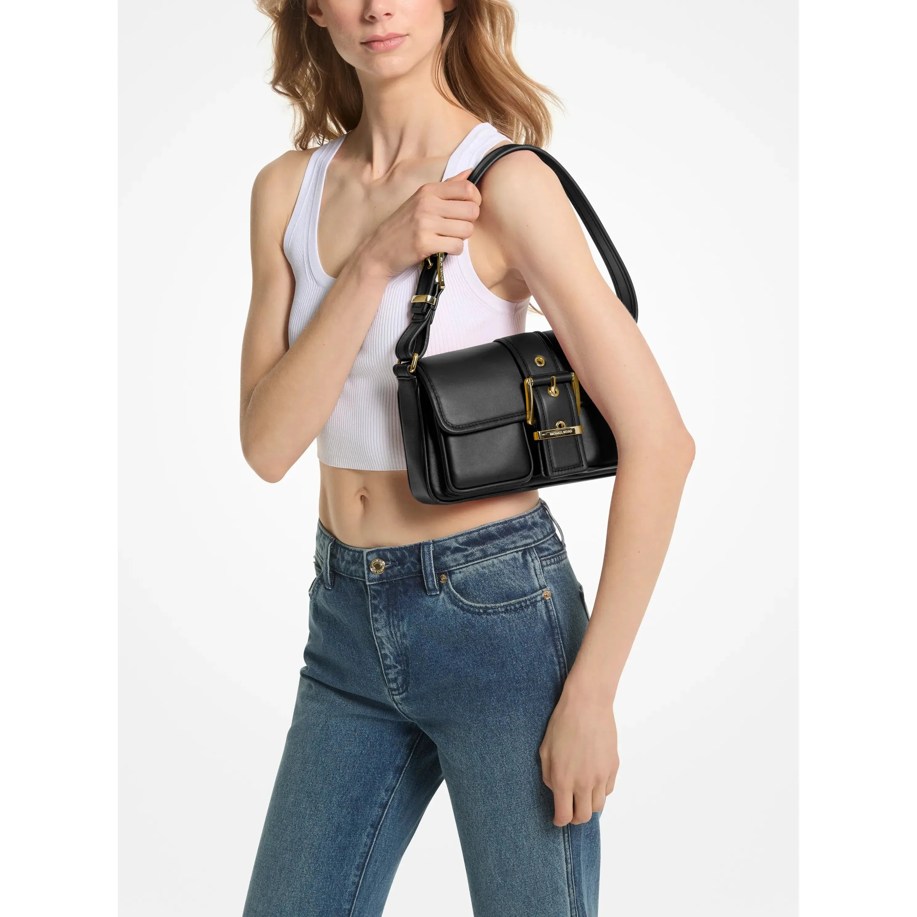 Michael Kors Colby Medium Leather Shoulder Bag, Black
