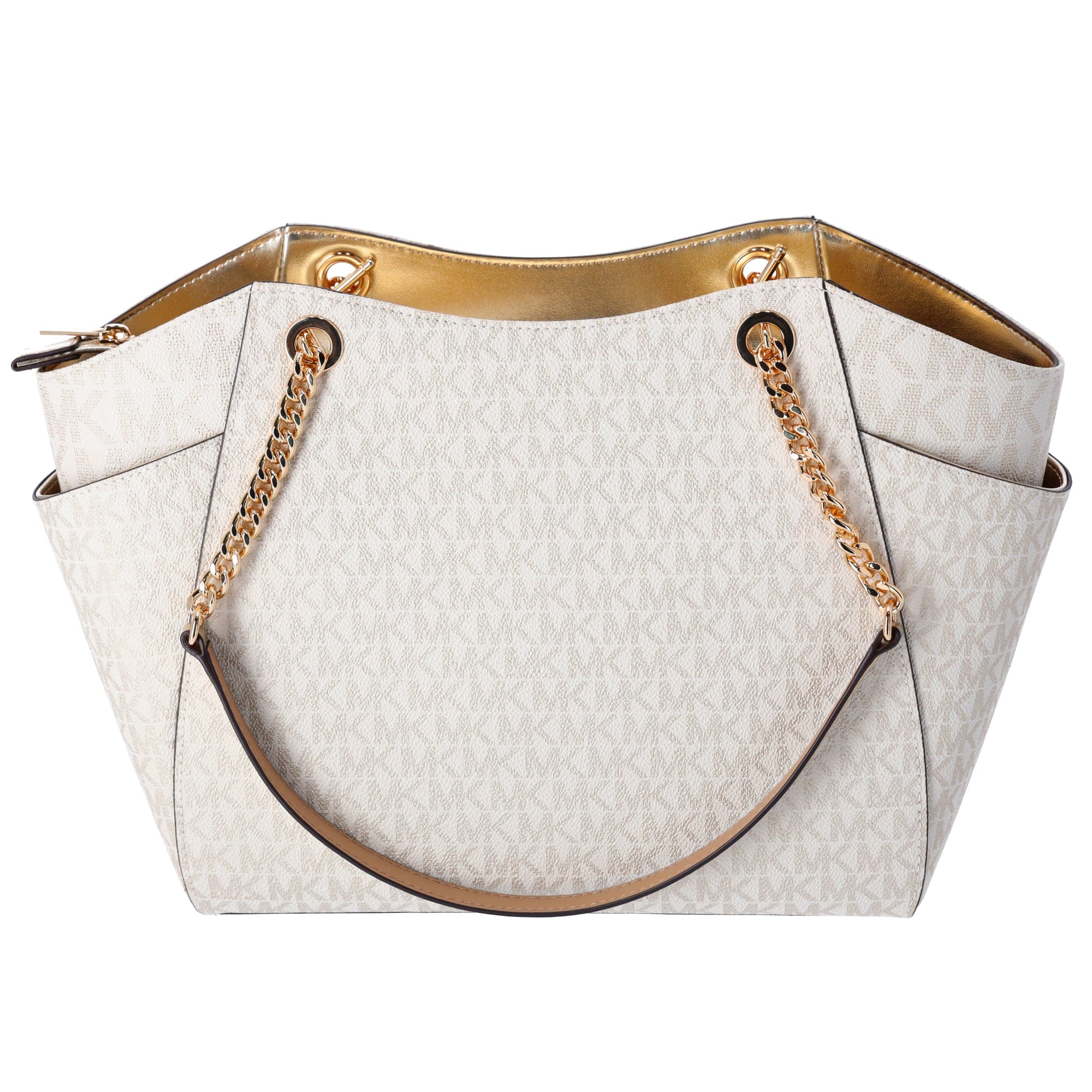 Michael Kors Jet Set Travel Large Chain Shoulder Tote Pale Gold MK Signature